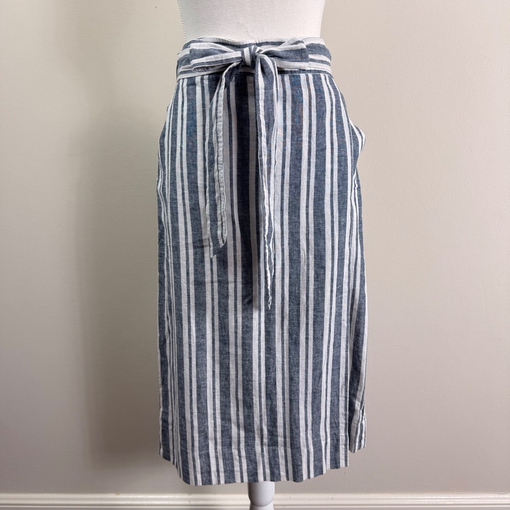 GAP Blue White Striped Linen Blend Wrap Midi Skirt Tie Waist Pockets Nautical
